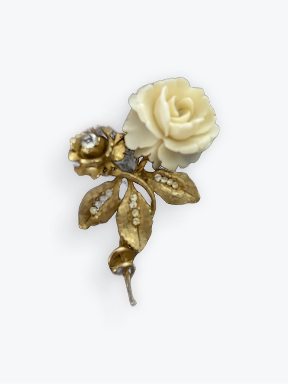 Vintage Signed BSK Celluloid Rose Brooch Gold-Toned and Rhinestones
